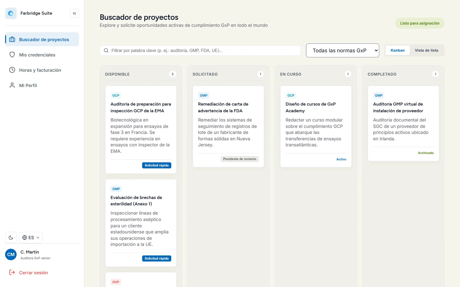 Pantalla Buscador de proyectos: un tablero de proyectos GxP en columnas Disponible, Solicitado, En curso y Completado.