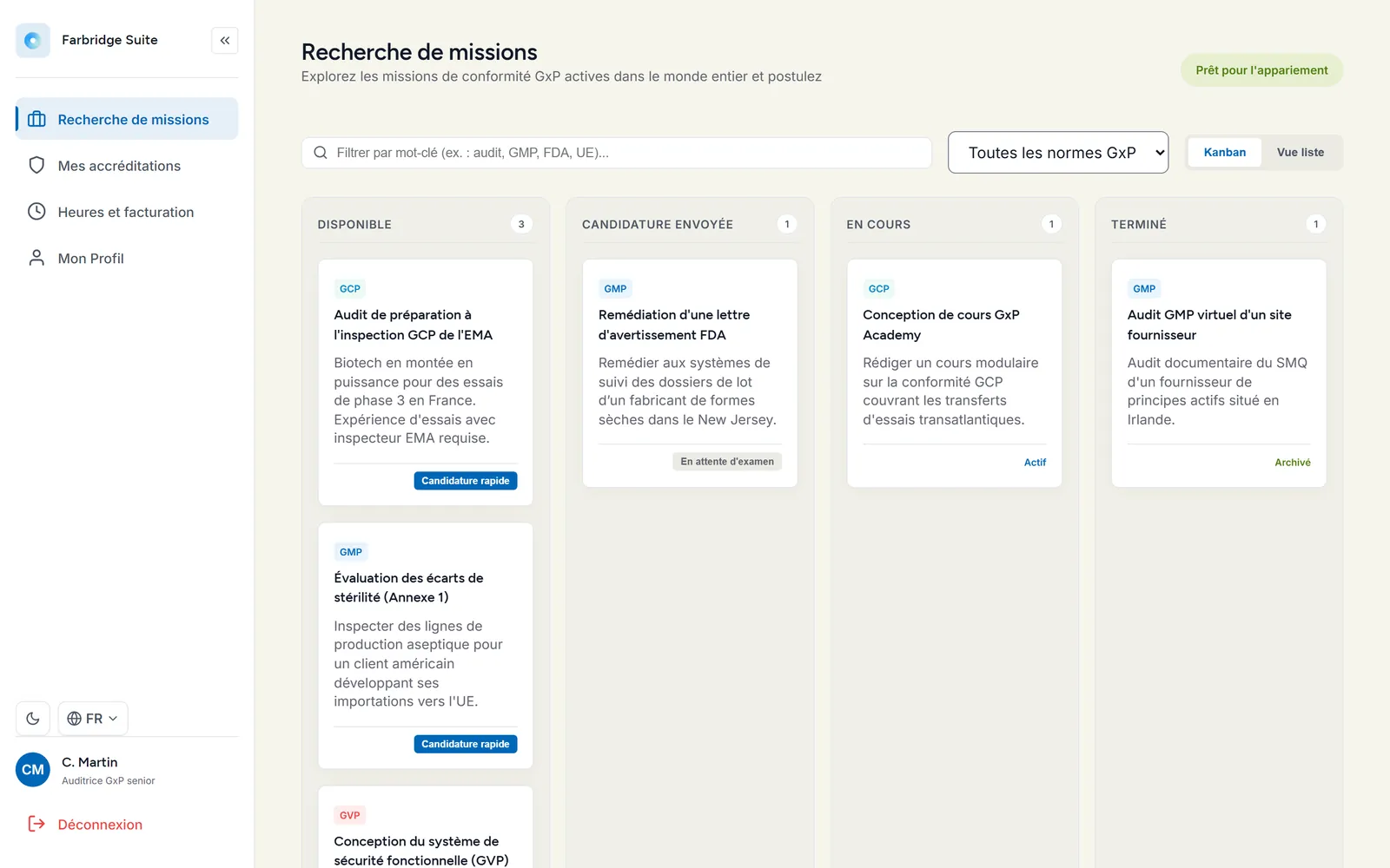 Écran Recherche de missions : un tableau de missions GxP en colonnes Disponible, Candidature envoyée, En cours et Terminé.